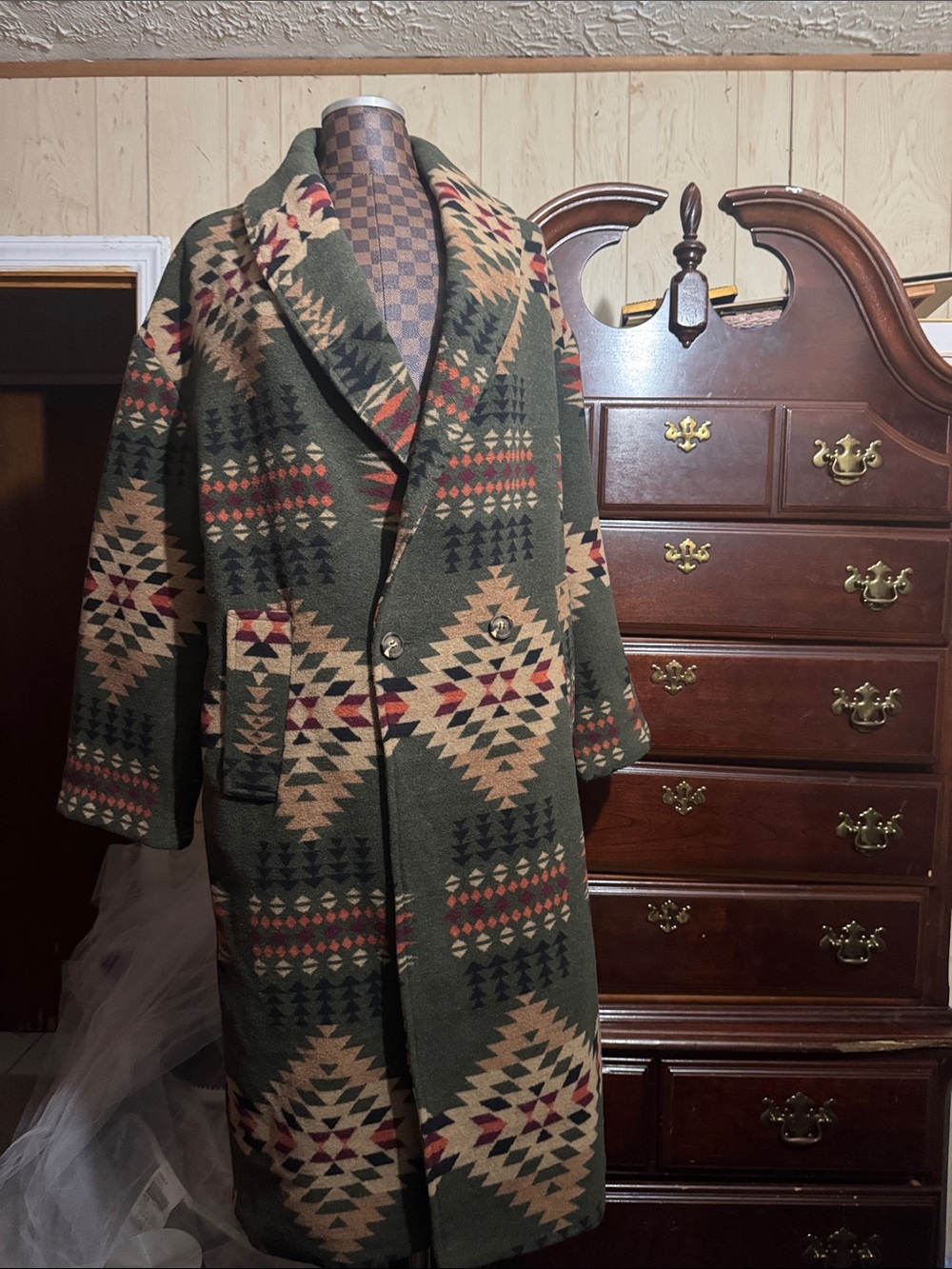 DRIFTWOOD Olive Aztec-Patterned Trench Coat with Tan & Burgundy Accents